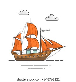 Color ship with orange sails in sea for traveling concept. Flat vector illustration of sailboat on waves isolated on white background.