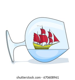 Color ship with red sails in glass - souvenir with sailboat isolated on white background. Flat line art vector illustration of traveling decoration.