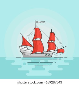 Color ship with red sails in the sea - traveling banner. Flat vector illustration of sailboat on waves.