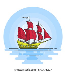 Color ship with red sails in the sea - traveling banner. Flat vector illustration of sailboat on waves.