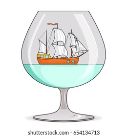 Color ship with white sails in glass - souvenir with sailboat isolated on white background. Flat line art vector illustration of traveling decoration.