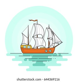 Color ship with white sails in the sea - traveling banner isolated on white background. Flat vector illustration of sailboat on waves.
