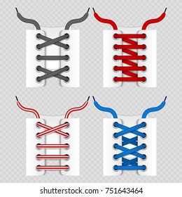 Color shoelace for footwear, colored lace shoe isolated on transparent background. Vector illustration