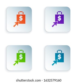 Color Shoping bag and dollar icon isolated on white background. Handbag sign. Woman bag icon. Female handbag sign. Set icons in square buttons. Vector Illustration