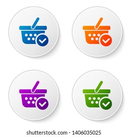 Color Shopping basket with check mark icon isolated on white background. Supermarket basket with approved, confirm, done, tick, completed symbol. Set icons in circle buttons. Vector Illustration