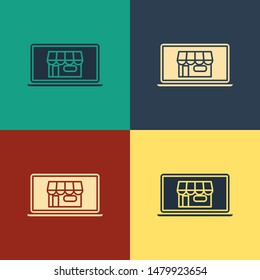 Color Shopping building on screen laptop icon isolated on color background. Concept e-commerce, e-business, online business marketing. Vintage style drawing. Vector Illustration