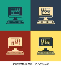 Color Shopping building on screen computer icon isolated on color background. Concept e-commerce, e-business, online business marketing. Vintage style drawing. Vector Illustration