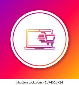 Color Shopping cart on screen laptop line icon isolated on color background. Concept e-commerce, e-business, online business marketing. Circle white button. Vector Illustration