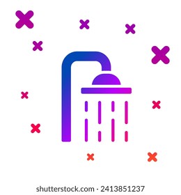 Cabezal de ducha de color con el icono de chorro de agua que fluye aislado en el fondo blanco. Gradiente formas dinámicas aleatorias. Vector