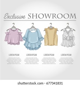 Color showroom set of woman casual clothes