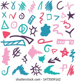 Color signs hand drawn set. Graphic symbol collection. Abstract doodle decorative elements