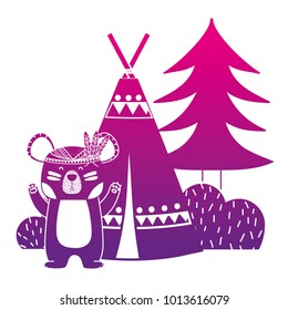 color silhouette bear animal with camp next to bush and pine tree