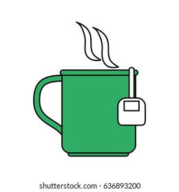 color silhouette cartoon green mug with bag tea and steam