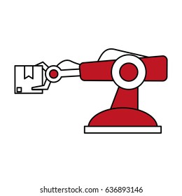 color silhouette cartoon industrial mechanical red robot arm with package