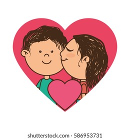 color silhouette with couple in heart frame and she kisses him