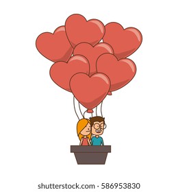 color silhouette with couple in hot-air balloon in shape of hearts
