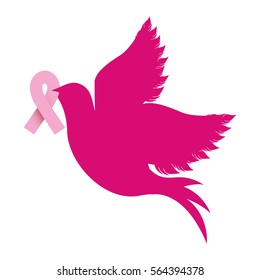 color silhouette of dove with symbol of breast cancer in peak