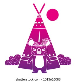 color silhouette ethnic bear with camp and bushes plants