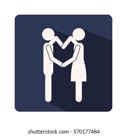 color silhouette frame with couple and arms in shape of heart