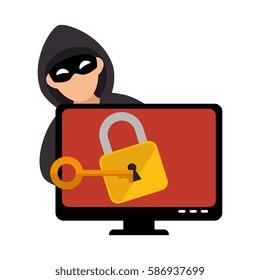 color silhouette with hacker and lcd monitor with padlock