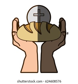 color silhouette of hands holding bread with sphere with cross symbol in background with half shadow vector illustration
