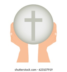 color silhouette of hands holding sphere with cross symbol vector illustration