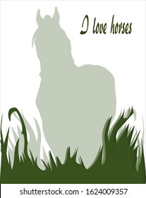  color silhouette of a horse standing in the thick grass, vector isolated on colored background , for postcards and design
