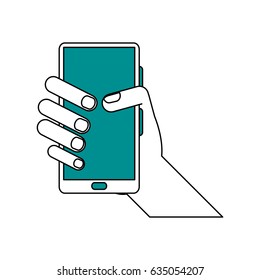 color silhouette image cartoon hand holding smartphone device