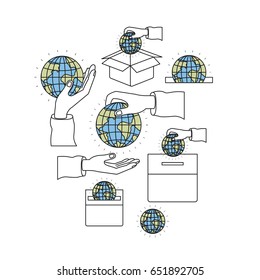 color silhouette image set hands depositing globe earth world in palm and in cardboard box vector illustration