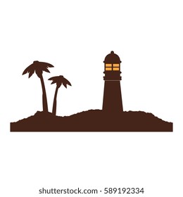 color silhouette of island with lighthouse and palm trees