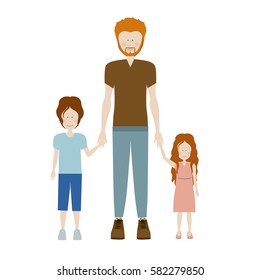 color silhouette with kids and dad with redhead vector illustration