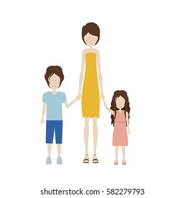 color silhouette with kids and mom with dress vector illustration