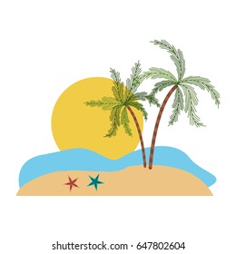 color silhouette with landscape of sea and big sun and palm trees vector illustration