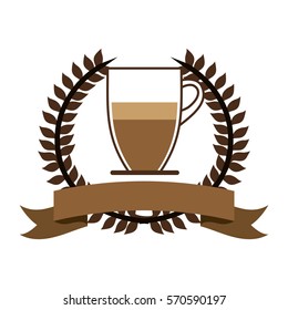 color silhouette with olive crown with ribbon and glass jar of coffee with handle