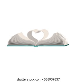 color silhouette with open book with sheets in shape of heart