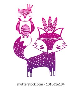 color silhouette owl and fox animals with feathers design