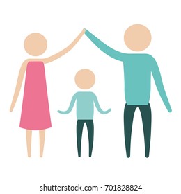 color silhouette pictogram parents holding hands up and boy in the middle of them vector illustration