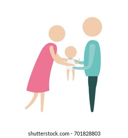 color silhouette pictogram woman and man holding a baby in her hands with clothes vector illustration