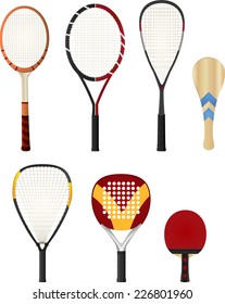 Color Silhouette rackets, with tennis racket, squash racket, ping pong racket, paddle racket. Vector illustration set.