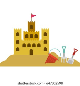 color silhouette with sand castle and set tools for playing in sand vector illustration