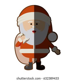 color silhouette of santa claus with gift bag and half shadow vector illustration