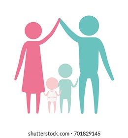 color silhouette set pictogram parents holding hands up and baby girl and boy in the middle of them vector illustration