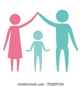 color silhouette set pictogram parents holding hands up and boy in the middle of them vector illustration