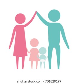color silhouette set pictogram parents holding hands up and baby boy and girl in the middle of them vector illustration