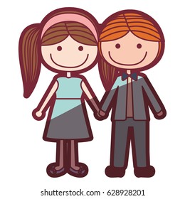 color silhouette shading cartoon blond guy hair and girl pigtails hairstyle with taken hands vector illustration