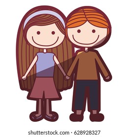 color silhouette shading cartoon couple kids in casual clothes with taken hands vector illustration