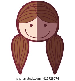 color silhouette shading cartoon front face woman with pigtails hair vector illustration