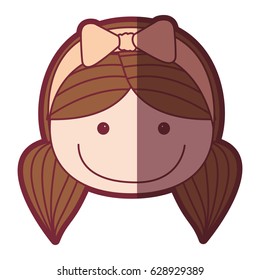 color silhouette shading cartoon front face girl with pigtails and bow lace hair vector illustration