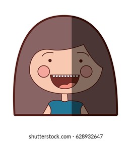 color silhouette shading smile expression cartoon half body girl with long brown hair vector illustration