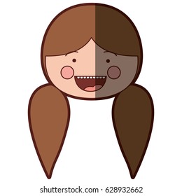 color silhouette shading smile expression cartoon front face woman with pigtails hair vector illustration